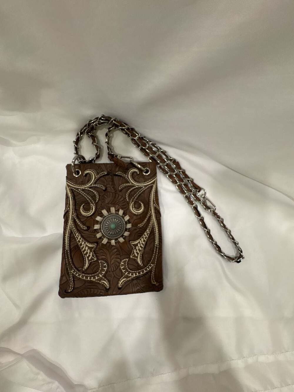 Western Floral Embossed Faux Leather Crossbody Bag with Turquoise Concho Accent